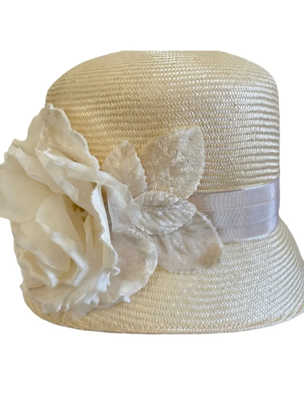 Louise Green Ivory Straw Hat With Satin Ribbon & Floral Accent